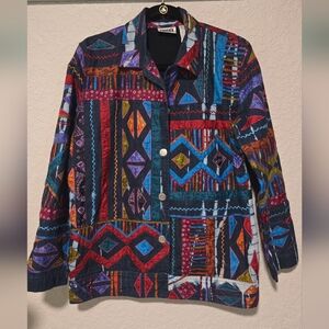 Chico's Design denim jacket with silk patchwork and embroidery